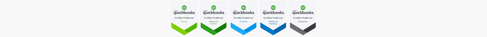 badge icons for quickbooks certified proadvisor for advanced qb desktop, advanced qb online, and enterprise certifications